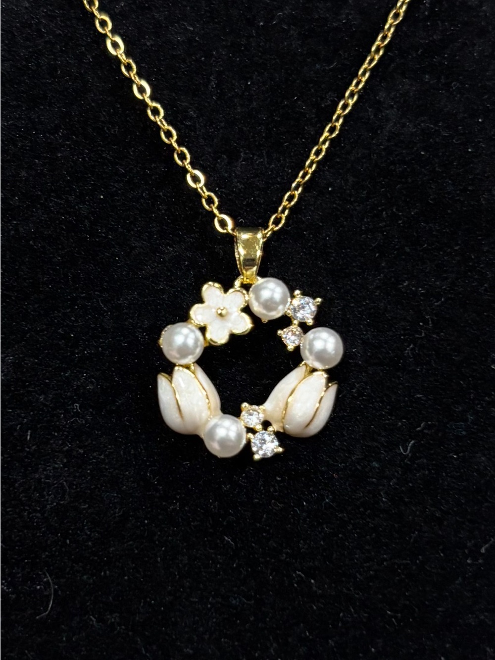 Gold Pearl & White Floral Circle CZ Pendant Necklace